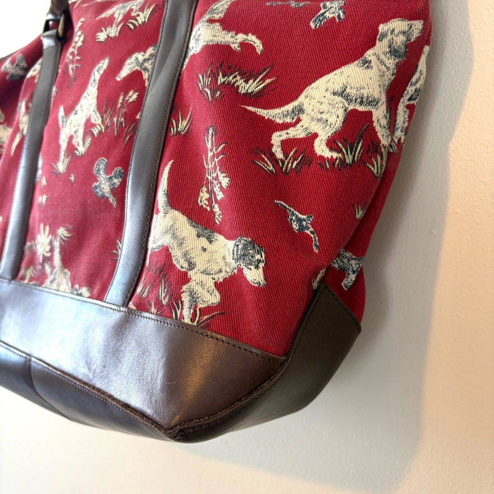 Vintage LL Bean red cotton canvas and leather hunting dog toile print tote bag - Picture 5 of 13